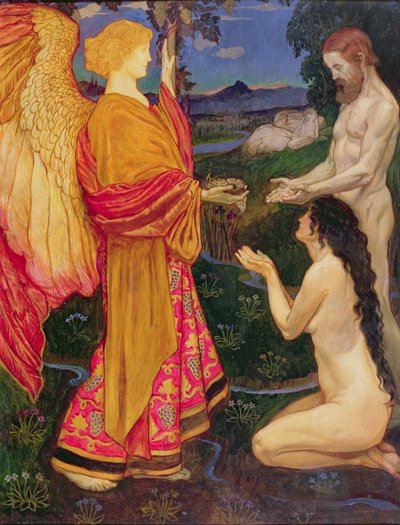 De engel die de vruchten van de Hof van Eden aan Adam en Eva aanbiedt door John Byam Liston Shaw